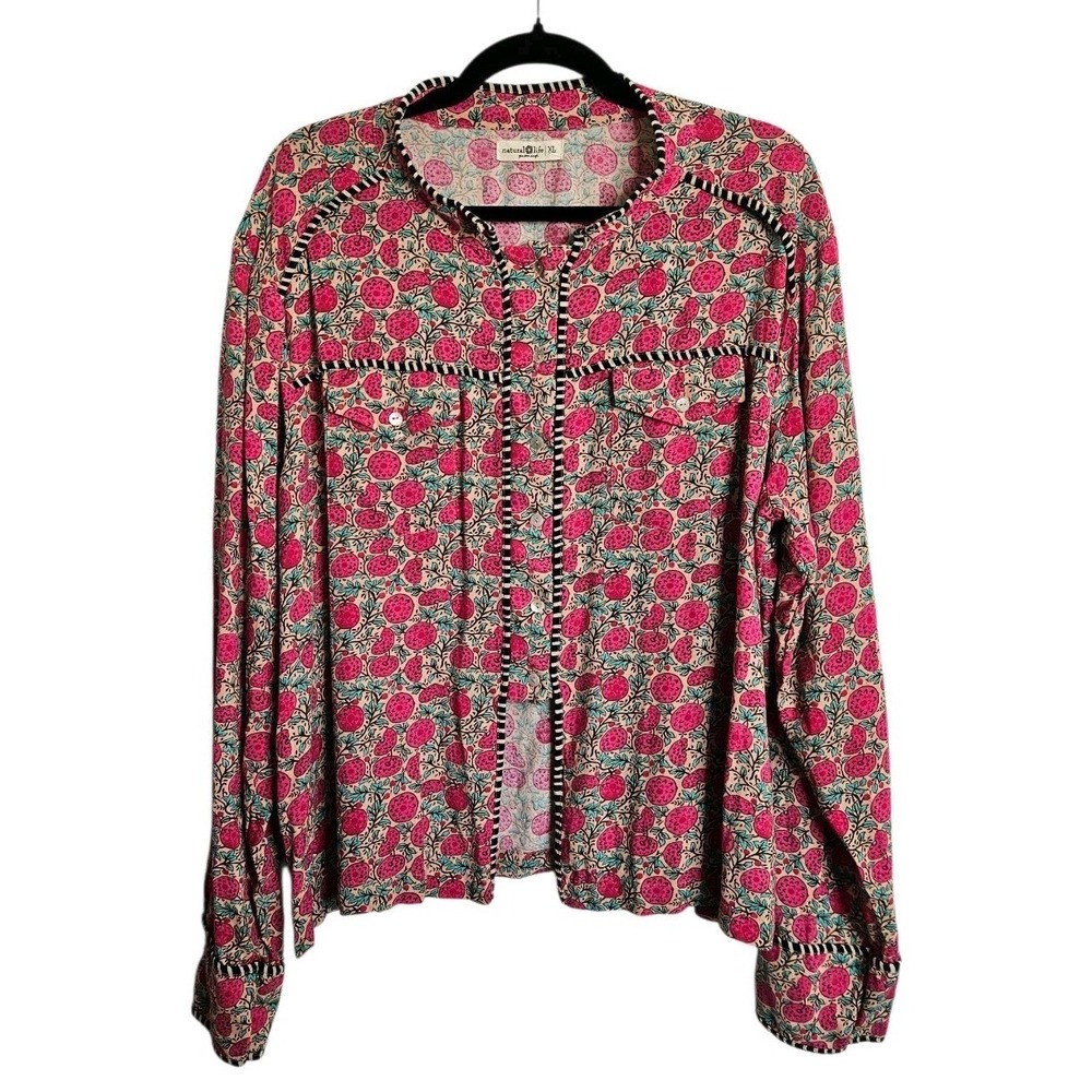 Natural Life Calypso Button Down Pink Puff Floral Boho Top Shirt Size XL